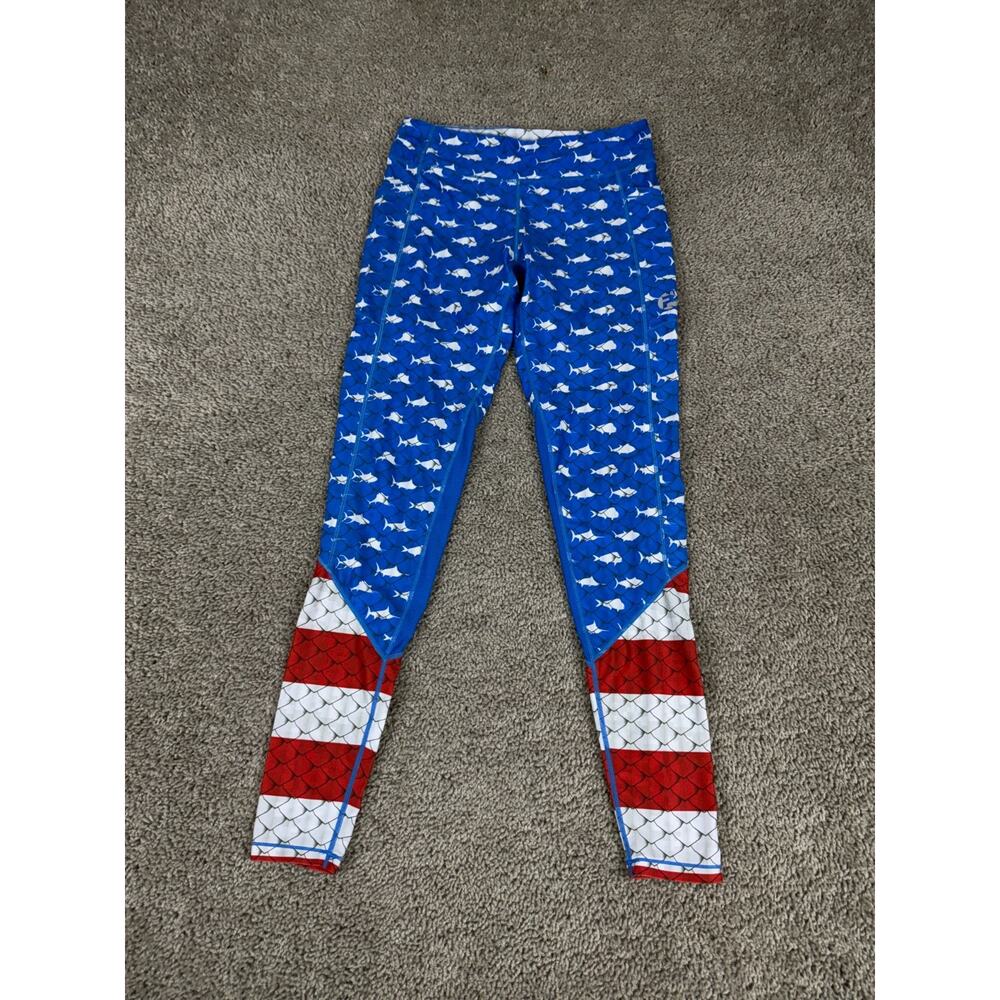 Pelagic Leggings Mens Small Blue USA Fish Flag Scale Print Polyester Blend READ